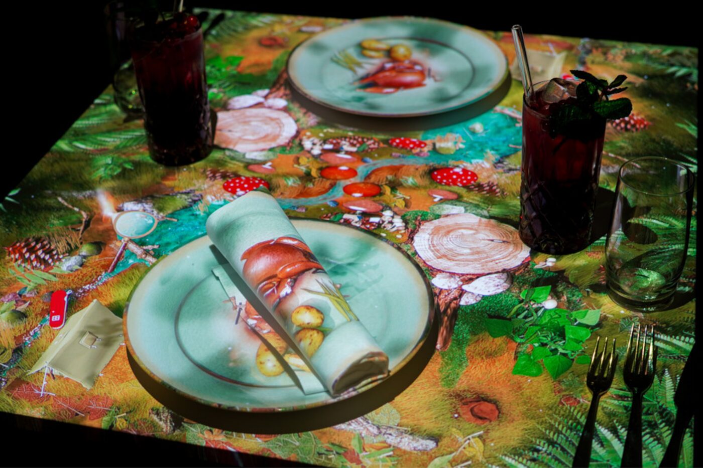Forest-themed table projection