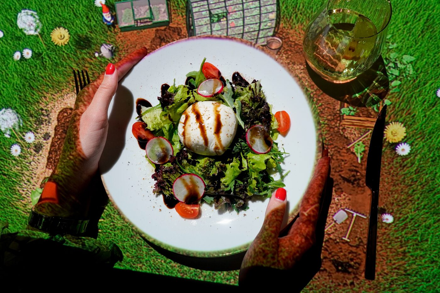 Salad served on the 3D garden table projection
